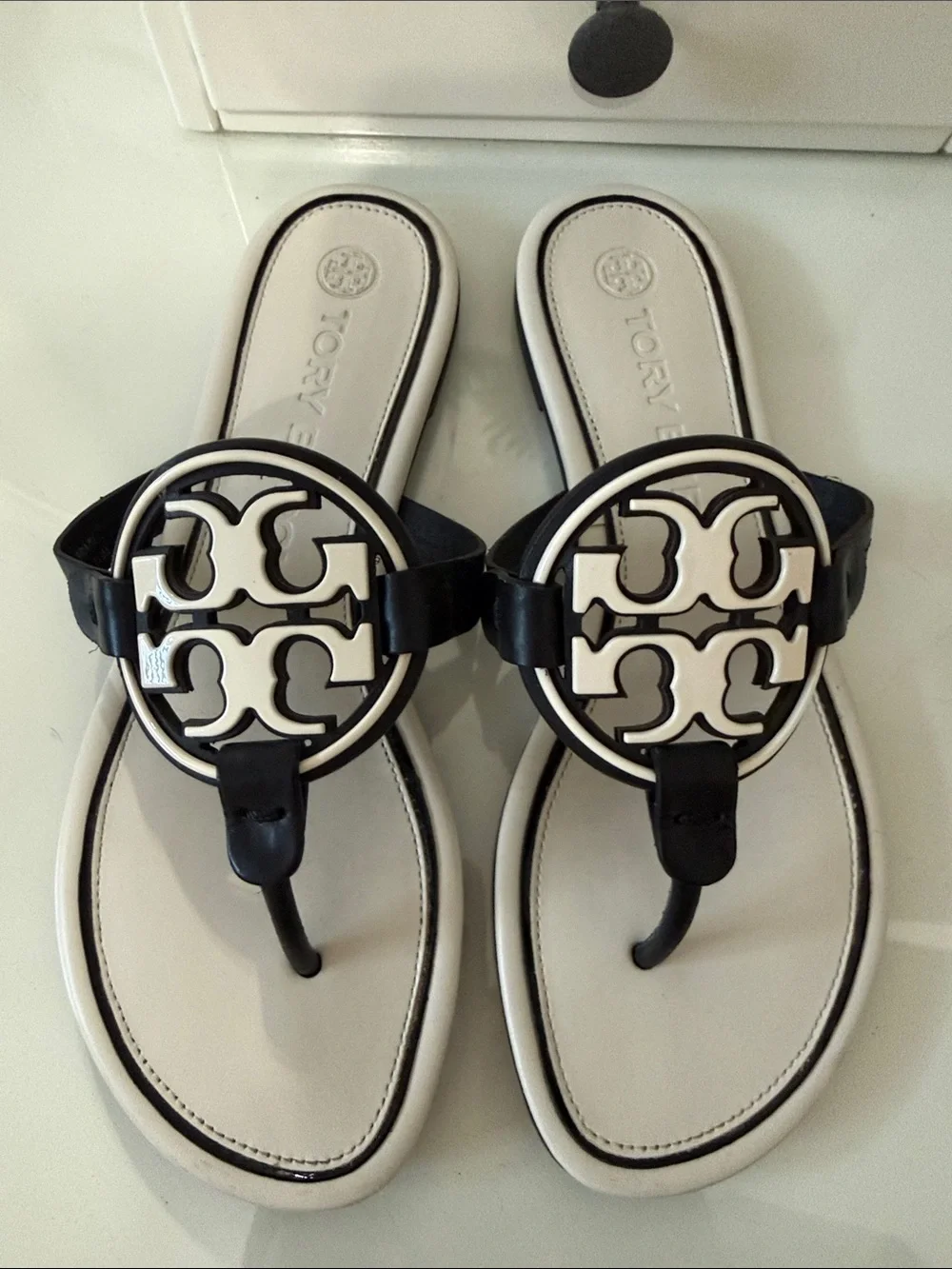 Tory Burch Black and off white Miller  Logo Thong Sandals